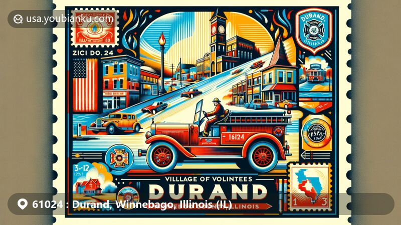 Modern postcard illustration of Durand, Winnebago County, Illinois, showcasing vintage fire truck, downtown area, and railroad history, with ZIP code 61024.