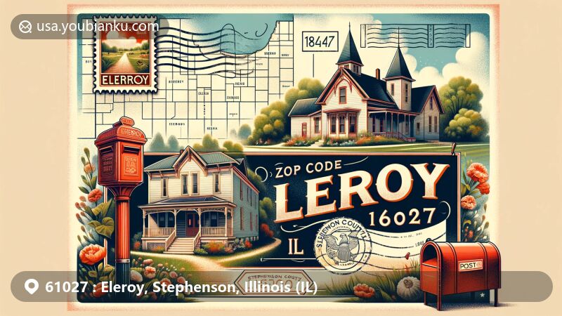 Vintage postcard illustration of Eleroy, Stephenson County, Illinois, showcasing rural charm with lush greenery, quaint post office, and postal elements, representing ZIP code 61027.