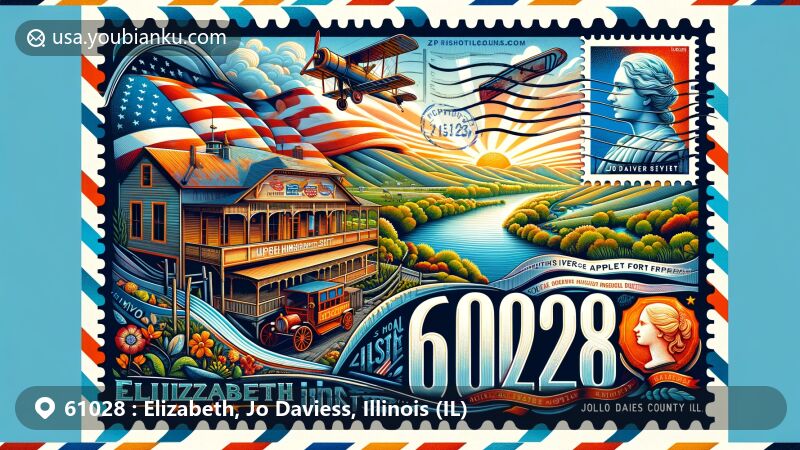 Modern illustration of Elizabeth, Jo Daviess County, Illinois, inspired by airmail envelope theme, showcasing Apple River Fort State Historic Site and Illinois state flag.