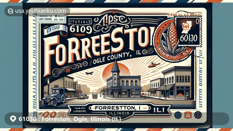 Modern illustration of Forreston, Ogle County, Illinois, featuring a vintage airmail envelope with ZIP code 61030, showcasing Sauerkraut Days and historic storefronts, with nods to Illinois state symbols and agricultural heritage.