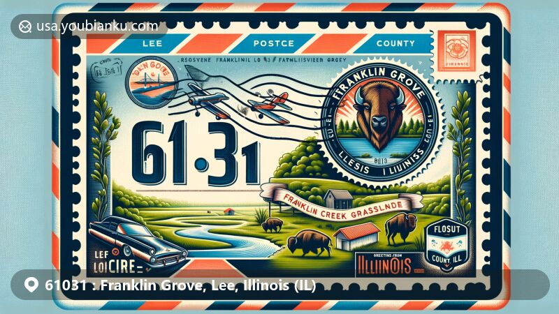 Modern illustration of Franklin Grove, Lee County, Illinois, showcasing postal theme with ZIP code 61031, featuring Franklin Creek State Natural Area and Illinois state symbols.