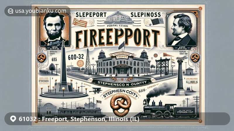 Modern illustration of Freeport, Stephenson County, Illinois, showcasing postal theme with Lincoln-Douglas Debate Square, Blackhawk Monument, and Silver Creek Museum. Features pretzel city nickname and vintage postal stamp with state flag.
