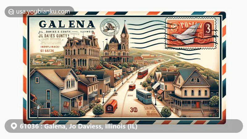 Modern illustration of Galena, Jo Daviess County, Illinois, presenting a vintage postcard with key landmarks and cultural symbols, including Ulysses S. Grant Home, Dowling House, Horseshoe Mound Preserve, and Main Street.