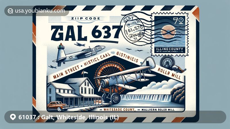 Modern illustration of Galt, Whiteside County, Illinois, showcasing postal theme with ZIP code 61037, featuring vintage airmail envelope with Illinois state flag postage stamp, postmark, and Lake Como imagery. Includes Main Street Historic District or Malvern Roller Mill.