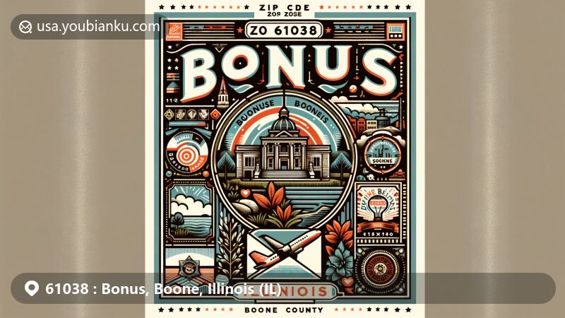Vintage postcard-style illustration of Bonus, Boone, Illinois, highlighting ZIP code 61038 with local landmarks and cultural elements.