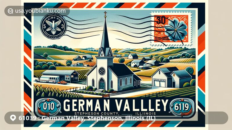 Modern illustration of German Valley, Stephenson County, Illinois, showcasing rural village setting with Silver Creek Reformed Church and agricultural landscape, emphasizing zipcode 61039.