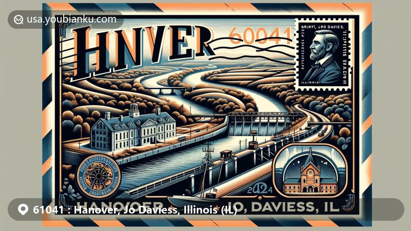 Vintage air mail envelope design for ZIP Code 61041, Hanover, Jo Daviess County, Illinois, featuring Apple River and Lock and Dam No. 12 on the Mississippi River.