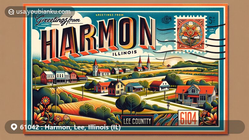 Modern illustration depicting the village landscape of Harmon, Lee County, Illinois, capturing the small-town allure and natural beauty with rural setting, local landmarks, and vintage postal stamp border.