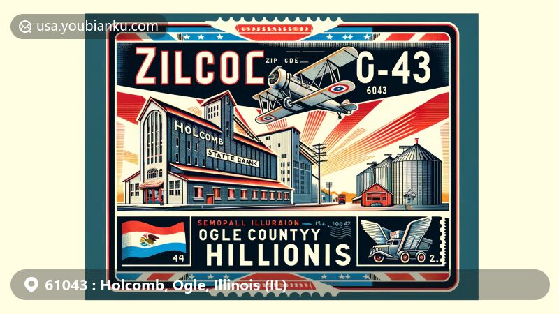 Modern illustration of Holcomb, Ogle County, Illinois, representing ZIP Code 61043, featuring vintage airmail envelope with Holcomb State Bank, Hueber Grain Elevators, and Illinois state flag.