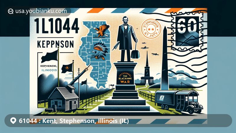 Modern illustration of Kent, Stephenson County, Illinois, resembling an airmail envelope, featuring Blackhawk War Monument, Abraham Lincoln silhouette, Stephenson County outline, Illinois state flag, and traditional postal elements with ZIP code 61044.