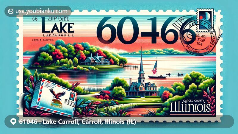 Modern illustration of Lake Carroll, Carroll County, Illinois, featuring scenic view of the lake with a creative postcard symbolizing ZIP code 61046, including postal elements like stamp, postmark, and Illinois state flag in the background.