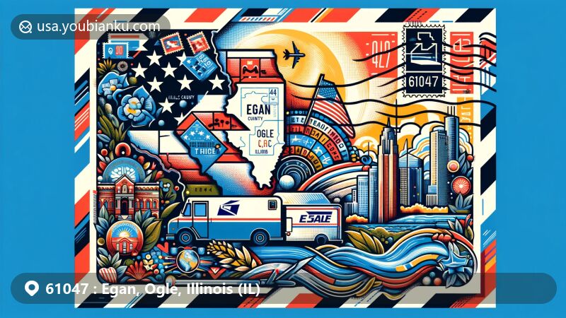 Modern illustration of Egan, Ogle County, Illinois, inspired by the American postal code 61047, resembling an airmail envelope with stamps, postmark, and mail truck, incorporating Illinois state symbols like flag and Ogle County map.