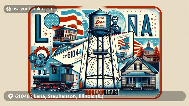 Modern illustration of Lena, Illinois, showcasing vintage airmail envelope with ZIP code 61048, historic water tower, Civil War flag, railroad caboose, and log schoolhouse.