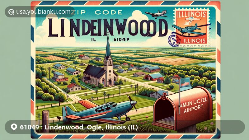 Modern illustrative postcard representing Lindenwood, Ogle County, Illinois, with Immanuel Lutheran Church and local airports like Alcock Rla Airport and Bauer Airport, showcasing rural tranquility and postal theme with vintage airmail elements.
