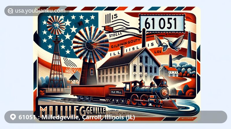 Modern illustration of Milledgeville, Carroll County, Illinois, showcasing postal theme with ZIP code 61051, featuring a stylized image of the old mill, Chicago, Burlington and Quincy Railroad, and Illinois state flag.