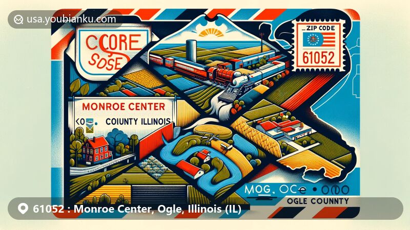 Modern illustration of Monroe Center, Ogle County, Illinois, showcasing postal theme with ZIP code 61052, featuring notable landmarks and geographical features, including fields, creeks, and location on Canadian Pacific Railway.