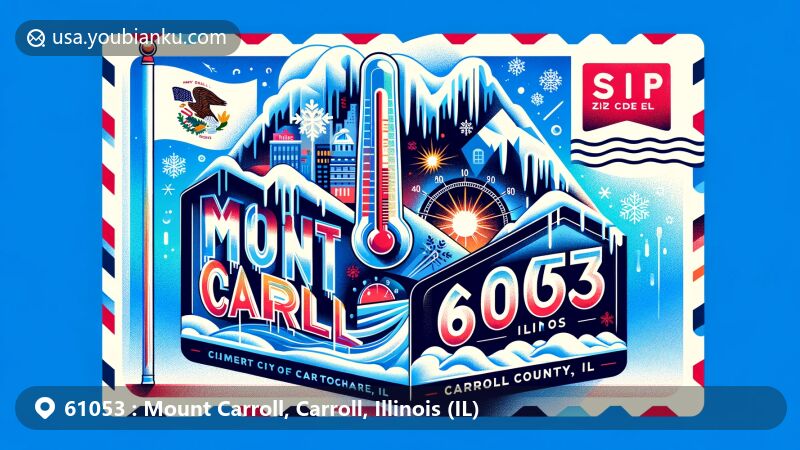 Contemporary illustration of Mount Carroll, Carroll County, Illinois, designed as an air mail envelope with a postal theme, featuring cold winters, record low temperatures, thermometer, icicles, and snowflakes, showcasing the city's climate and Illinois state flag.