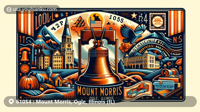 Modern postcard illustration of Mount Morris, Ogle County, Illinois, showcasing ZIP code 61054, featuring Illinois Freedom Bell, Mount Morris College campus, Berryview Orchard, Hough's Maple Farm, state flag, and Ogle County map outline.