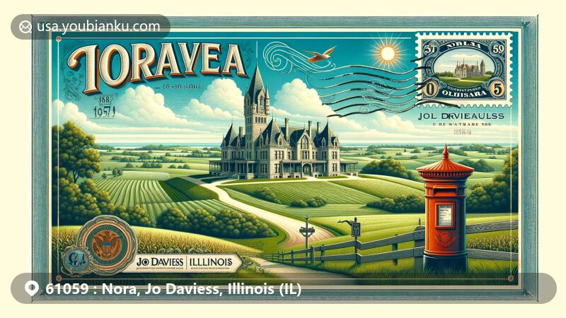 Modern illustration of Nora, Jo Daviess County, Illinois, reminiscent of a vintage postcard, featuring picturesque landscape with Belvedere Mansion in Gothic Revival style, rural charm, and postal theme with ZIP code 61059.