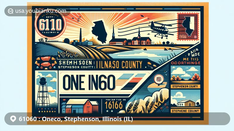 Modern illustration of Oneco, Stephenson County, Illinois, styled as vintage postcard with rural landscapes and historic buildings, featuring iconic landmarks and Illinois symbols.