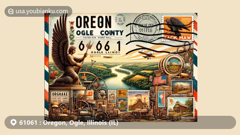 Modern illustration of Oregon, Ogle County, Illinois, showcasing vintage airmail envelope with ZIP code 61061, featuring Black Hawk Statue by Lorado Taft overlooking Rock River valley, surrounded by elements reflecting local heritage like vintage toys, farm equipment, and relics from Billy Barnhart Museum, integrated with detailed map of Ogle County and creatively designed postage stamps displaying iconic symbols of Illinois.