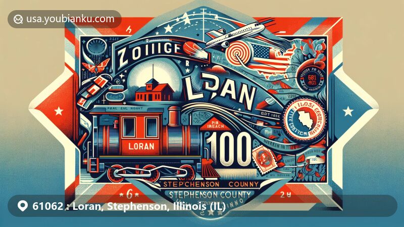 Modern illustration of Loran, Stephenson County, Illinois, with postal theme inspired by air mail envelopes, showcasing ZIP code 61062, featuring map outline of Stephenson County, artistic representation of Pearl City, and symbolic images of Illinois.