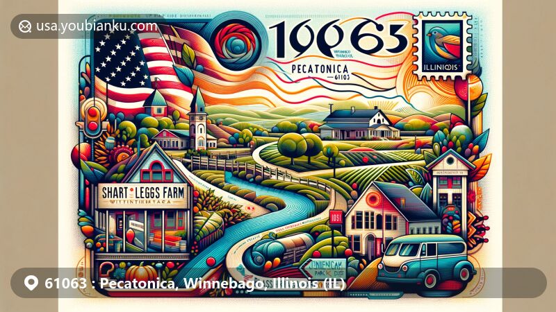 Creative illustration of Pecatonica, Winnebago, Illinois, featuring postcard design with ZIP code 61063, highlighting Short Legs Farm, Blassingham Park, and Sumner Park District.