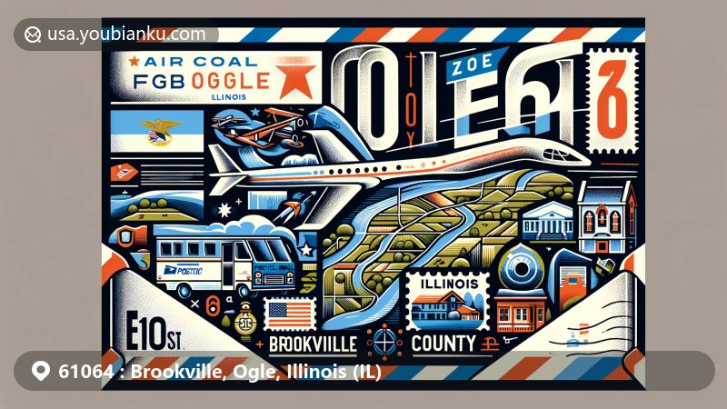 Modern illustration of Brookville, Ogle County, Illinois, designed as an air mail envelope with detailed map and postal symbols, showcasing ZIP code 61064 and Illinois state elements.