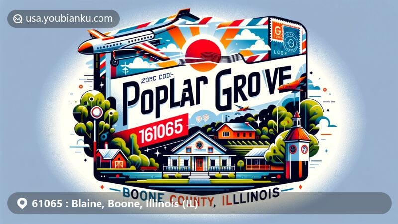 Vibrant illustration of Poplar Grove, Boone County, Illinois, shaped like an airmail envelope with ZIP code 61065, showcasing rural landscape and postal elements.