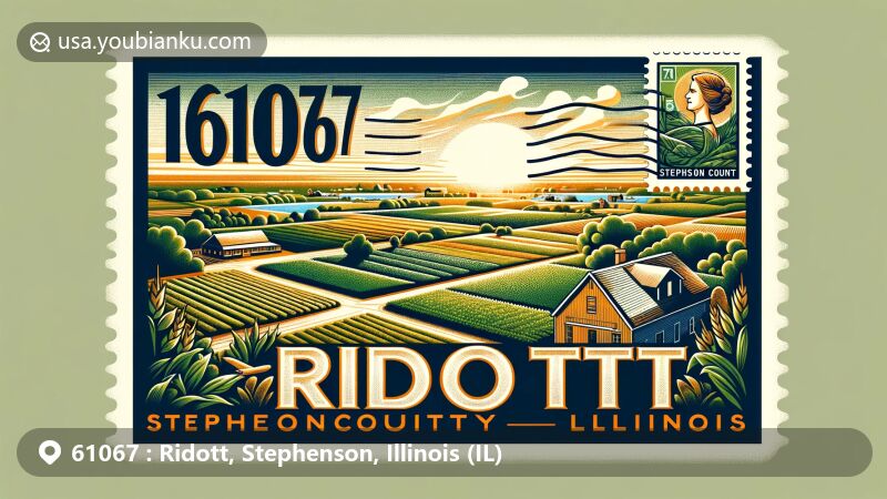 Modern illustration of Ridott, Stephenson County, Illinois, showcasing postal theme with ZIP code 61067, featuring rural landscape and farmlands typical of Northern Illinois.