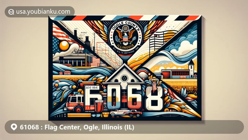 Modern illustration of Flagg Center, Ogle County, Illinois, depicting postal theme with ZIP code 61068, showcasing Ogle County map outline, local Fire Department, and Illinois scenery.