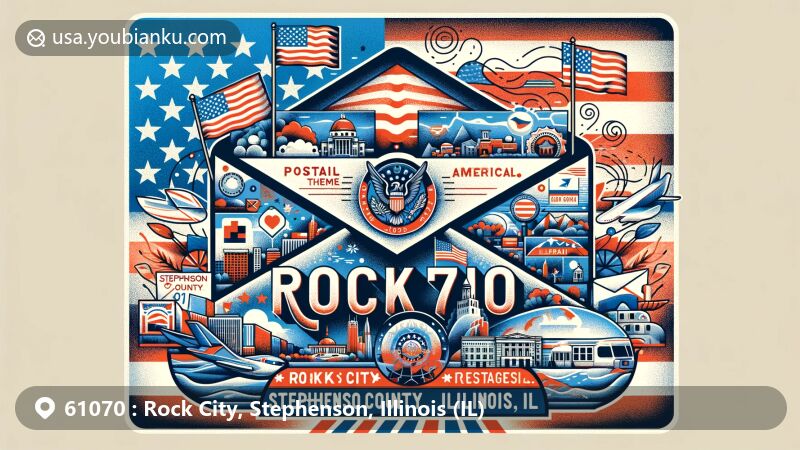 Modern illustration of Rock City, Stephenson County, Illinois, showcasing postal theme with ZIP code 61070, featuring airmail envelope and Illinois state symbols.