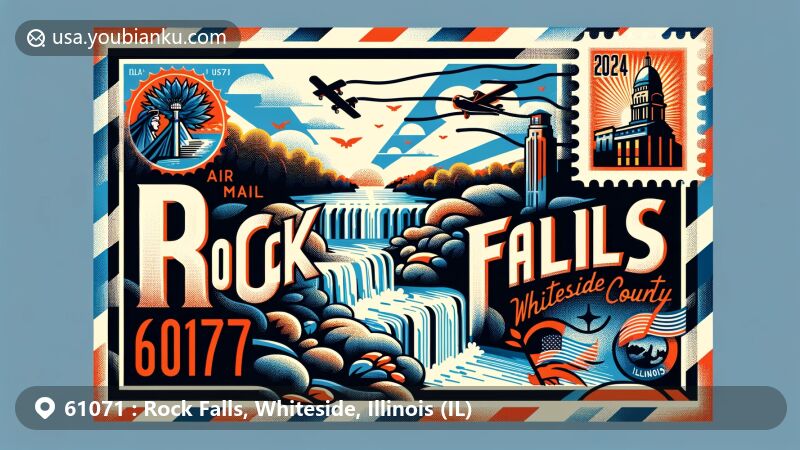Modern illustration of Rock Falls, Whiteside County, Illinois, inspired by air mail envelope design with emphasis on ZIP Code 61071, featuring creative and vibrant style highlighting Rock River and Illinois state symbols.