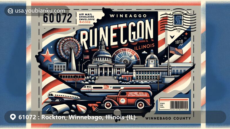 Modern illustration of Rockton, Winnebago, Illinois, with postal theme featuring ZIP code 61072 and Historic Auto Attractions museum, incorporating vintage postage elements and Illinois state flag details.