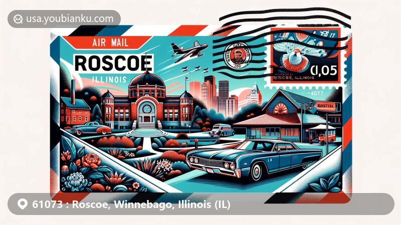 Modern illustration of Roscoe, Illinois, showcasing postal theme with ZIP code 61073, featuring historic car museum with presidential cars, manicured Anderson Japanese Gardens, and natural beauty of Rock Cut State Park.