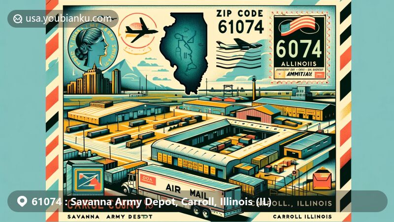 Modern illustration of Savanna Army Depot in Carroll County, Illinois, featuring iconic military buildings and ammunition storage, integrated with elements representing Carroll County and Illinois, including the silhouette of Illinois, the shape of Carroll County, and the significant Mississippi River. Postal elements like a stamp with ZIP code 61074, postmarks, and classic postal trucks or mailboxes are included, resembling a postcard or airmail envelope.