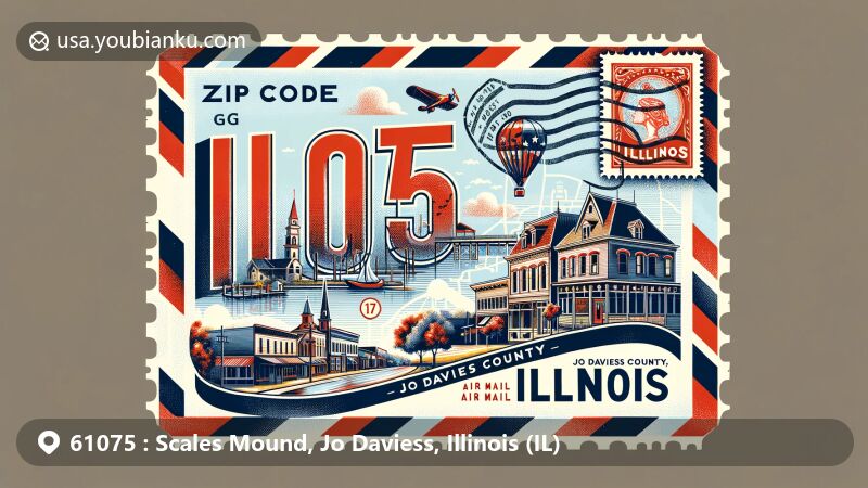 Modern illustration of Scales Mound, Jo Daviess County, Illinois, showcasing postal theme with ZIP code 61075, featuring the historic district's small-town architecture and streets, overlaid with silhouette of Illinois and state flag.