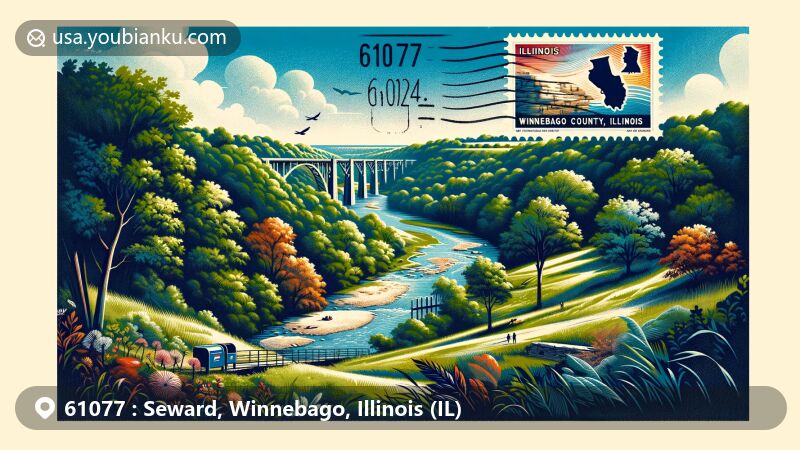 Modern illustration of Seward, Winnebago County, Illinois, featuring Seward Bluffs Forest Preserve and creative postal elements with ZIP code 61077, lush greenery, scenic overlook, oak and maple trees, and Illinois state flag stamp.