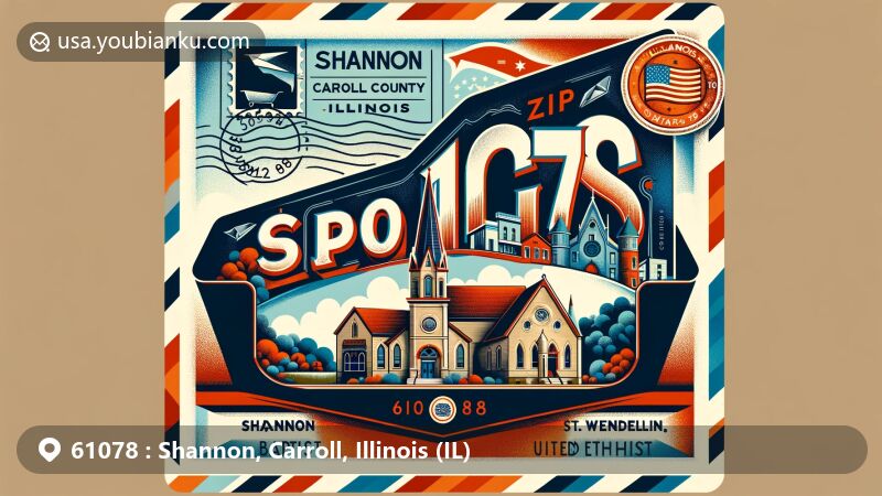Modern illustration of Shannon, Carroll County, Illinois, showcasing postal theme with ZIP code 61078, featuring vintage airmail envelope, Illinois state flag stamp, and Shannon's landmarks like Shannon Baptist, St. Wendelin's Catholic, and Bethel United Methodist churches.