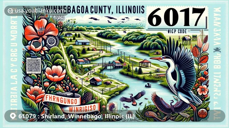 Modern illustration of Shirland, Winnebago, Illinois, showcasing rural charm and community spirit, featuring Ferguson Forest Preserve, Sugar River, and Pecatonica River confluence.