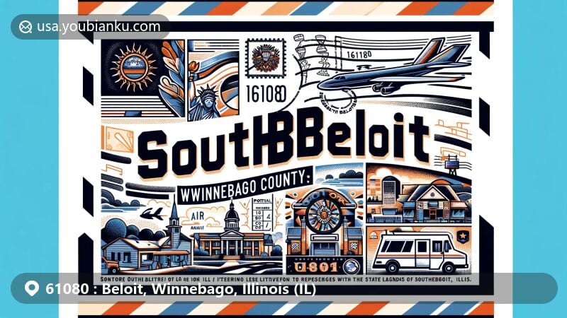 Modern illustration of South Beloit, Winnebago County, Illinois, showcasing postal theme with ZIP code 61080, featuring Illinois state flag and local landmarks.
