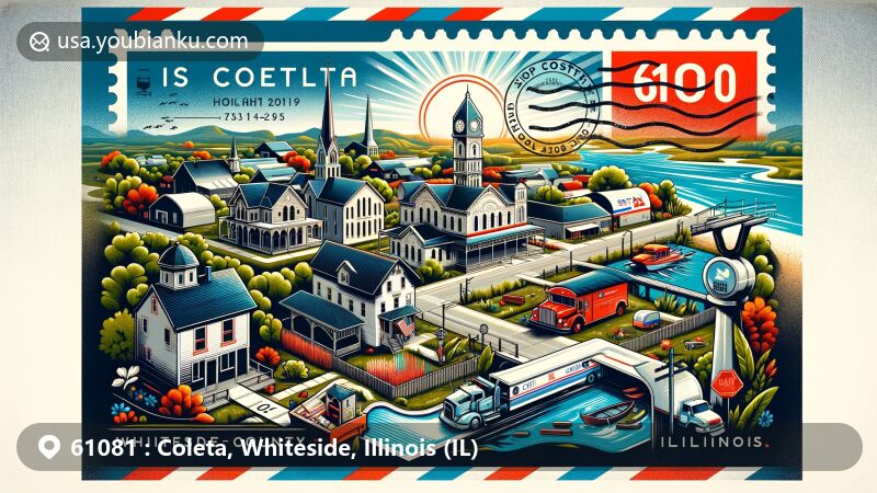 Modern illustration of Coleta and Sterling in Whiteside County, Illinois, inspired by ZIP code 61081, resembling an airmail envelope with Illinois symbols and postal elements. Features picturesque Coleta village and Sterling landmarks.