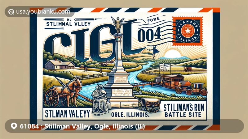 Vintage-style illustration of Stillman Valley, Ogle County, Illinois, featuring air mail envelope with ZIP code 61084, highlighting Stillman's Run Battle Site and scenic beauty with state symbols.