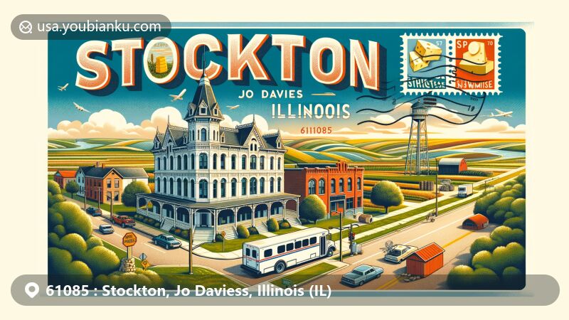 Modern illustration of Stockton, Jo Daviess, Illinois, showcasing postal theme with ZIP code 61085, featuring Queen Anne architecture, Driftless Area landscape, and Kraft Cheese Company symbol.