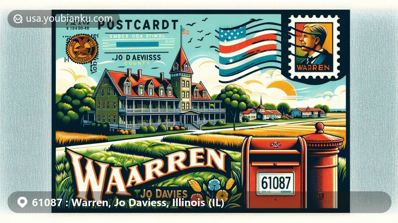 Modern illustration of Warren, Jo Daviess County, Illinois, highlighting postal theme with ZIP code 61087, featuring Old Stone Hotel and scenic countryside.