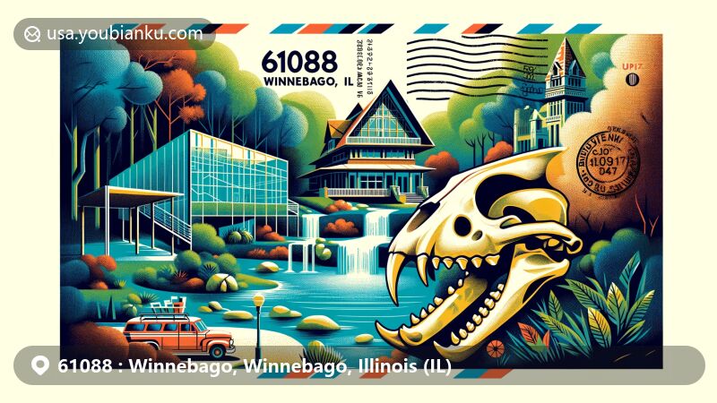Artistic interpretation of Winnebago, Illinois, ZIP code 61088, featuring Blackhawk Springs Forest Preserve, Burpee Museum saber-toothed cat, and architectural nods to Frank Lloyd Wright's Laurent House and Klehm Arboretum. Postal elements like stamp, postmark, and mailbox are integrated.