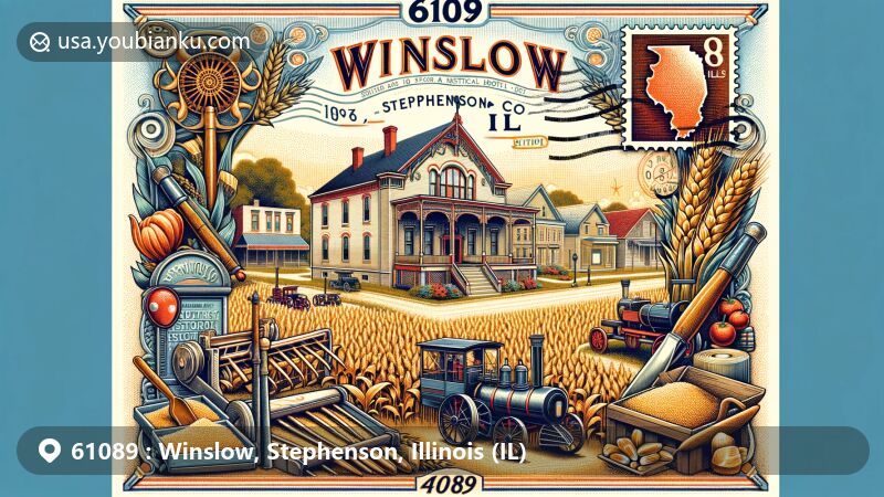 Vintage postcard illustration of Winslow, Illinois, highlighting historical and agricultural elements, including Winslow Historical Society building, antique farming tools, and grain motifs.