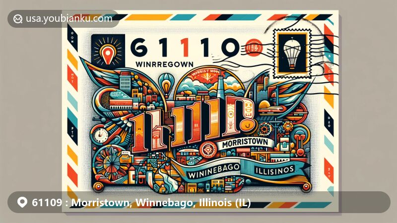 Vintage-style airmail envelope illustration for ZIP code 61109, Morristown, Winnebago County, IL, featuring map outline of Winnebago County and local landmarks or symbols.