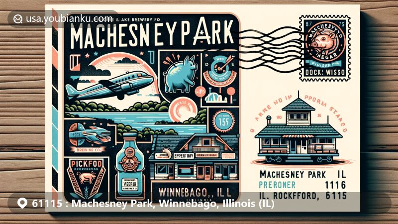 Illustration of Machesney Park, Winnebago County, Illinois, featuring iconic landmarks like Pierce Lake, Pig Minds Brewing Co., Rockford Speedway, Rock River Recreation Path, Gill's Diner, along with postal elements like stamps, 'Machesney Park, IL 61115' postal mark, and air mail envelope design.
