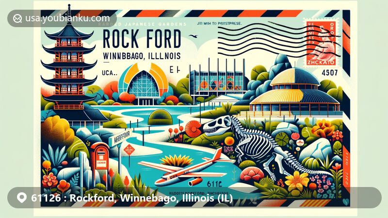 Modern illustration of Rockford, Winnebago, Illinois, capturing key landmarks like Anderson Japanese Gardens, Burpee Museum dinosaur skeleton, and Coronado Theatre, with vintage air mail envelope, ZIP code 61126 stamp, postmark, and American mailbox.